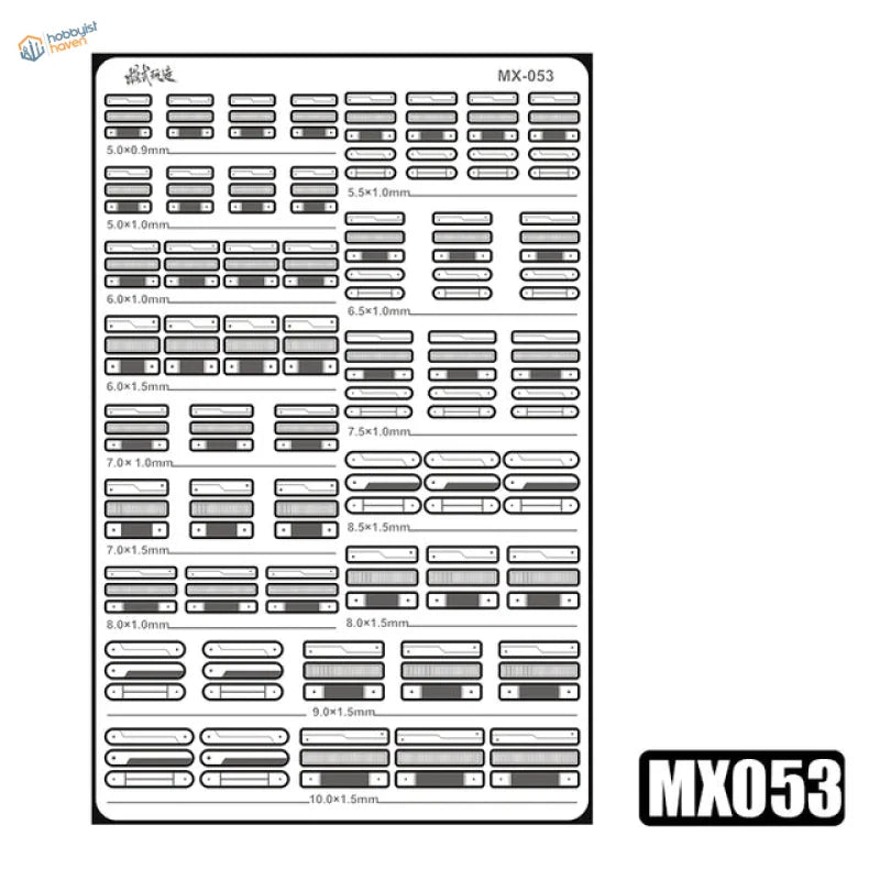 MX053 fret: elongated slots and rounded panels, 5 x 0.5 mm up to 10 x 1.5 mm