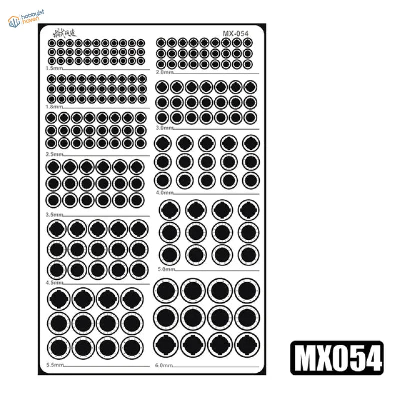 MX054 fret: 219 round etched detail parts across eleven sizes, 1.5 to 6 mm