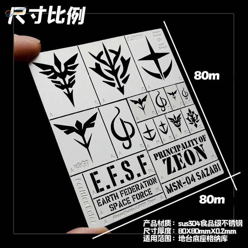Gundam Zaku garage stencil sheet with Zeon emblems and e.f.s.f. symbols