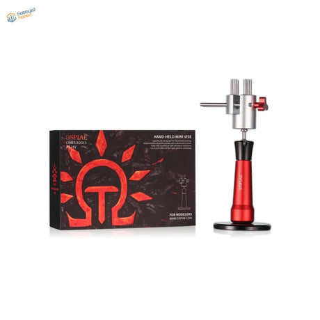 Red and silver hand held vise with black base for modelers