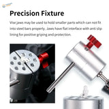 Hand held vise with silver precision fixture, red knobs, anti-slip jaws