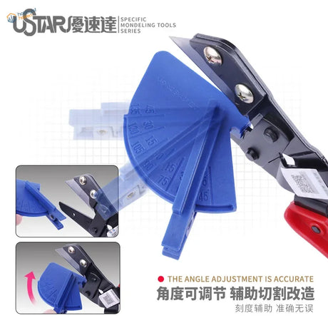 Blue plastic angle guide on handheld angle cutting pliers