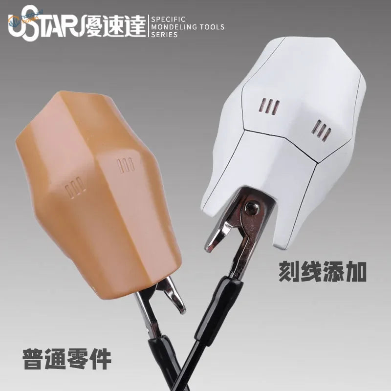 Hard-edge scribing tape with white tan precision hobby tool clips