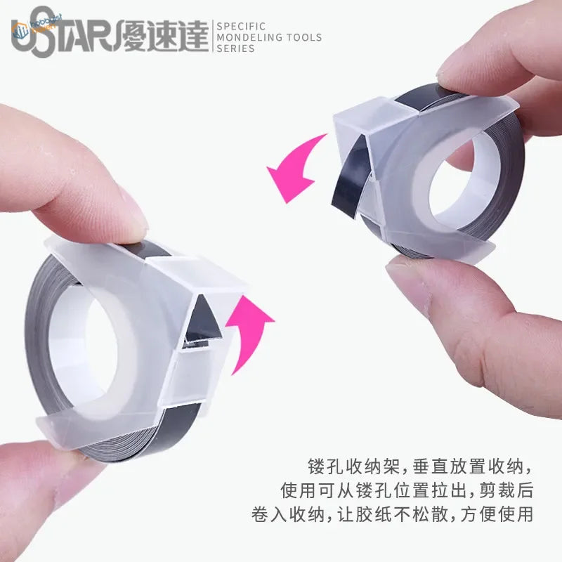 Hard-edge scribing tape on clear plastic spool for vertical storage