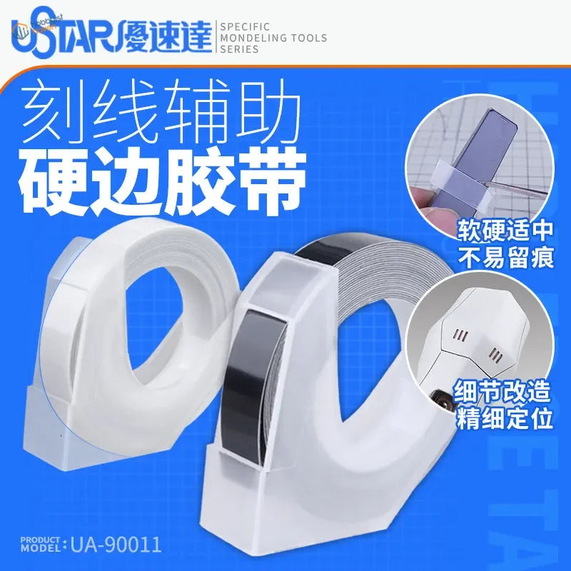 Hard-edge scribing tape dispenser with black tape roll, precision hobby tool