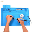 Blue silicone desk mat for soldering iron with magnetic compartments