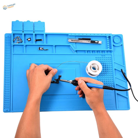 Blue silicone desk mat for soldering iron with magnetic compartments