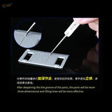 Carbide scribing knife deepening panel-line grooves on a plastic model part
