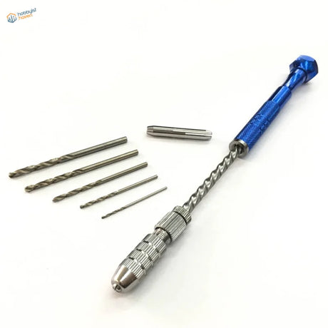 High precision hand drill with blue handle, silver body and 5 metal bits