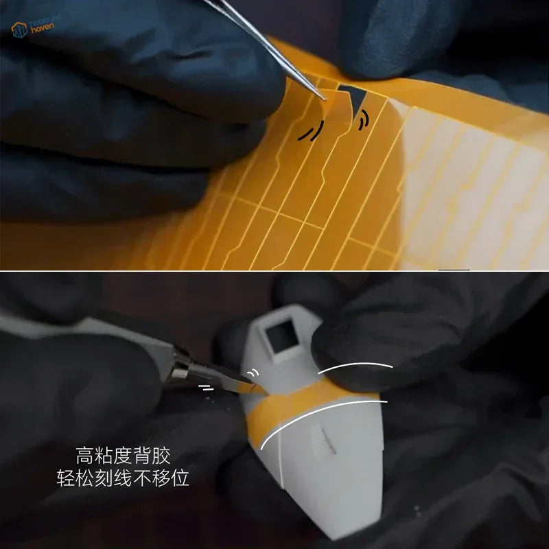 Gloved hands precisely handle high precision scribing tape on white yellow component with panel lines