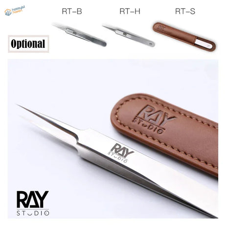 High precision steel tweezers with satin finish and Ray Studio branding in leather case