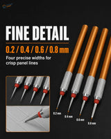 Set of four high-speed steel burin paneling tools with gold handles, textured silver grips, and red-tipped blades