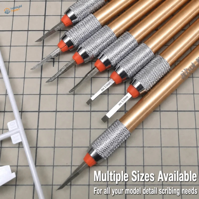 Set of high-quality steel burin precision model building tools with brass handles, textured silver grips, and orange tips