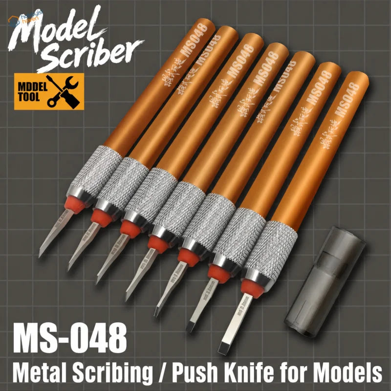Set of six orange-handled steel burin model building tools with textured silver grips for precision scale modeling tasks