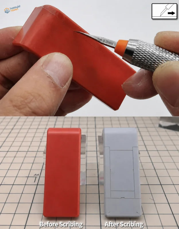 High-quality steel burin with textured silver and orange handle marking red plastic model car part for scale modeling tools use