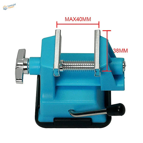 High-quality table mini-vise with bright blue body, silver jaws, black handle