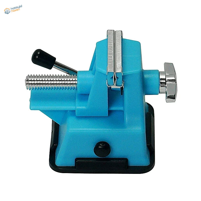 High-quality table mini-vise with bright blue body and silver jaws