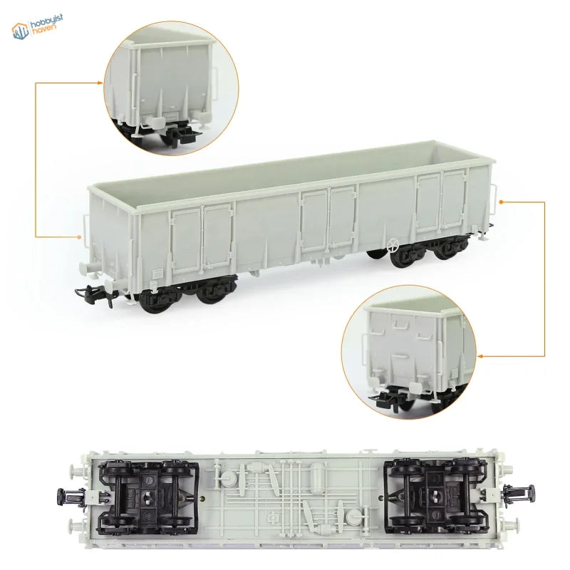 Gray plastic ho scale 1:87 gondola wagon with black undercarriage and detailed wheels for model building tools use