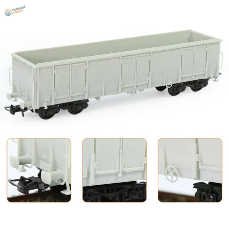 Gray plastic ho scale 1:87 gondola wagon with black wheels and detailed coupling mechanisms for model building tools