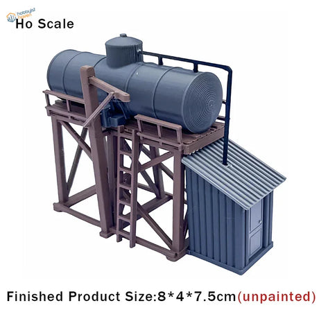 Blue plastic ho scale 1 87 storage tank kit with brown metal frame and small shed for model railroads