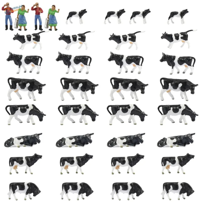 HO scale livestock farmers: black and white plastic cow figurines in various poses