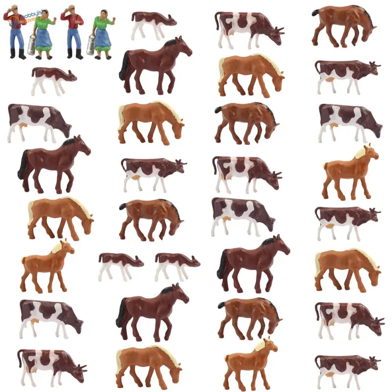 HO scale livestock farmers: plastic farm animal figurines in brown, black, white