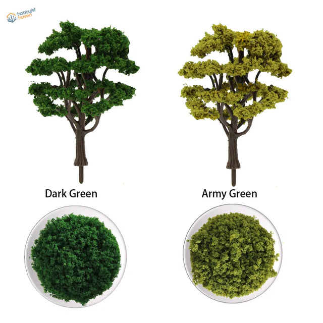 HO scale tree powder: dark green army green trees with mossy foliage on brown trunks for railroad scenery