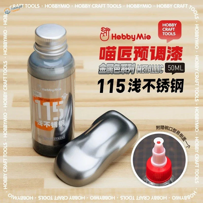 Hobby mio 50ml oil-based metallic paint in stainless steel with silver cap and orange label for precision hobby tools