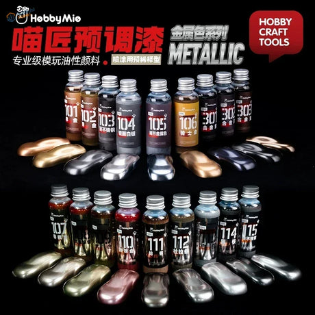 Set of hobby mio 50ml oil-based metallic paints in gold silver bronze black red blue and pink for precision hobby tools