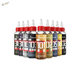 Set of ten 50ml hobby mio oil-based metallic paints in assorted colors with red caps and white nozzles for precision hobby tools