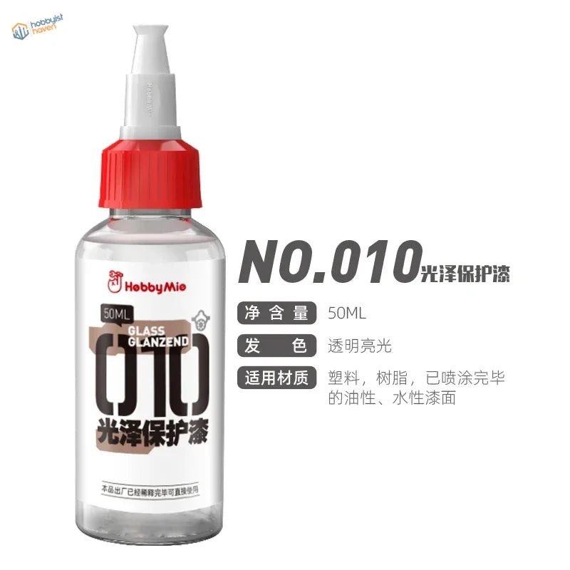 A clear plastic 50ml bottle with red cap and white spray nozzle of hobbymie no.010 gloss protection coat for scale modeling tools