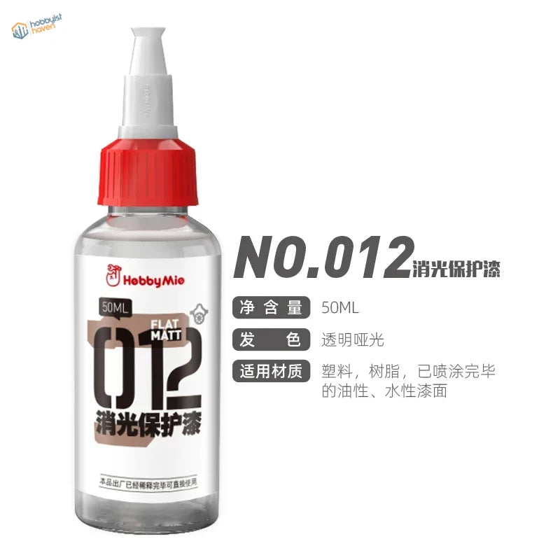 A clear plastic 50ml spray bottle with red cap labeled hobbymie no.012 flat matt for precision hobby tools and scale modeling tools