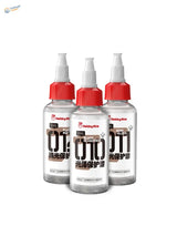 Three transparent glass bottles with red caps and white spray nozzles labeled hebbymie hobby mio 50ml pre-mixed varnishes for scale modeling tools