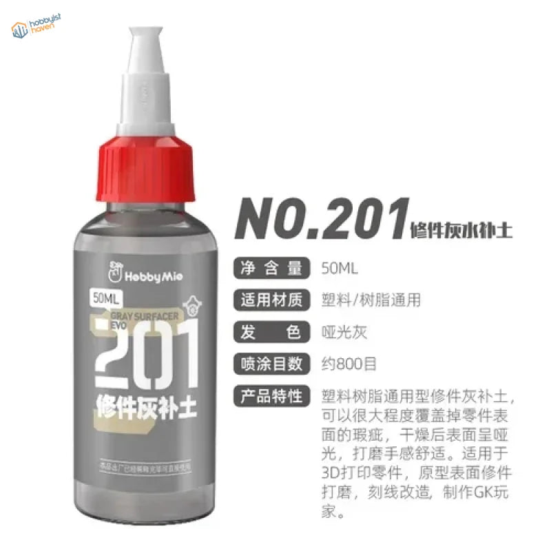 Gray 50ml plastic bottle of Hobby Mio primer surfacer with red cap and white nozzle for precision hobby tools