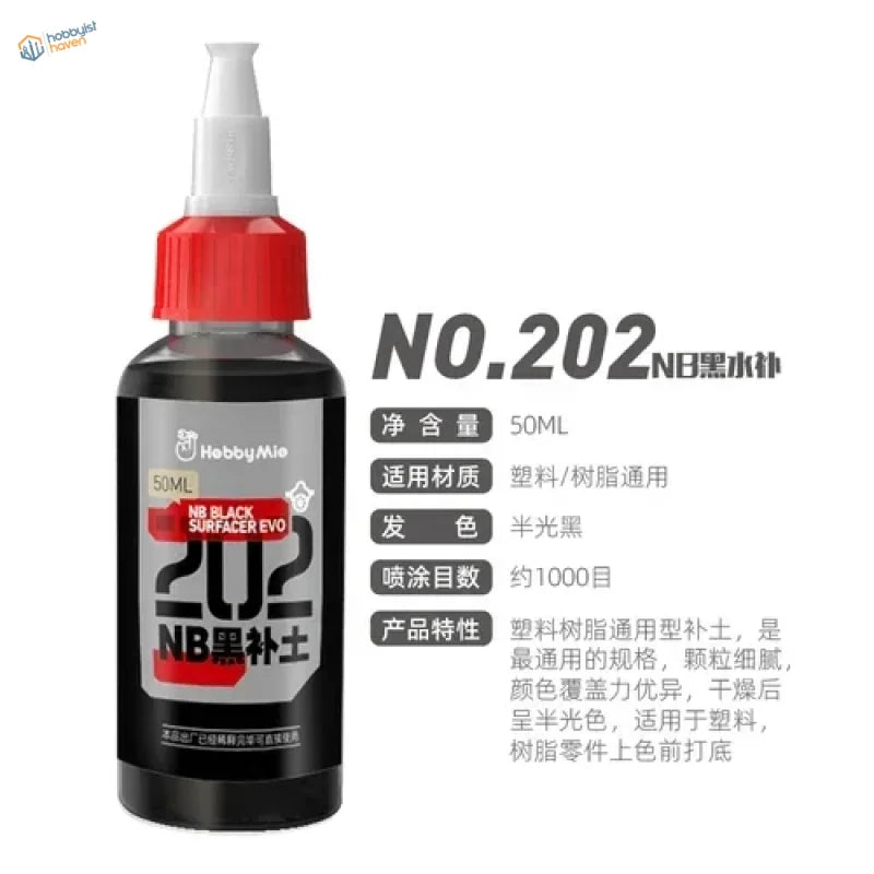 A 50ml bottle of hobby mio black surfacers evo primer with red cap and white nozzle for precision hobby tools