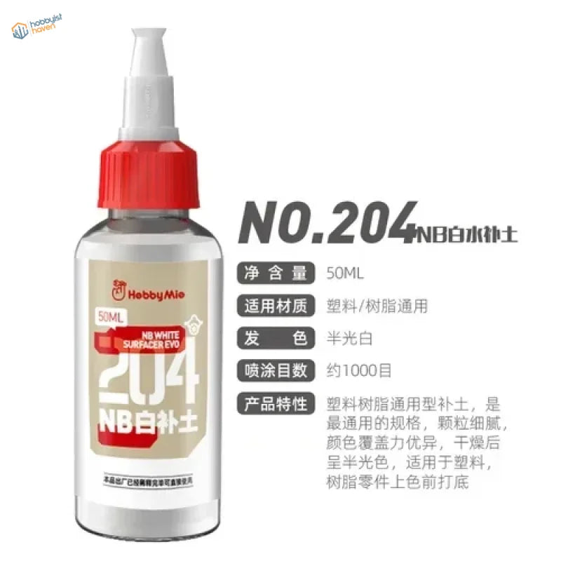 A clear plastic bottle with red cap and white nozzle labeled hobbymie no.204 nb white surface evo for scale modeling tools