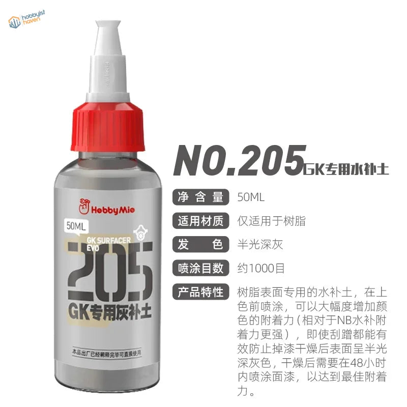 A 50ml bottle of hobbymie gk surfacers evo no.205 gray semi-gloss water-based filler for wood scale modeling tools