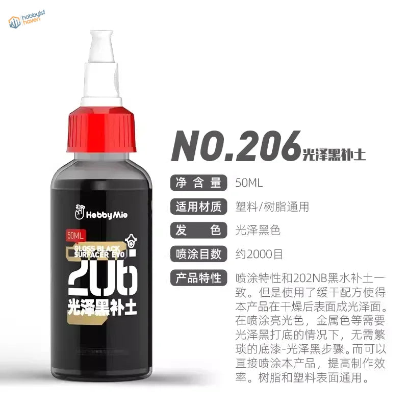 Black glossy spray paint bottle with red cap and white nozzle labeled no206 by hebbbymie for scale modeling tools