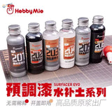 Six 50ml bottles of hobbymie surfacers evo model paint with metallic caps in gray black white and silver for precision hobby tools