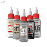 Five 50ml bottles of hobby mio primer surfacer in various colors with red caps for precision hobby tools and model building