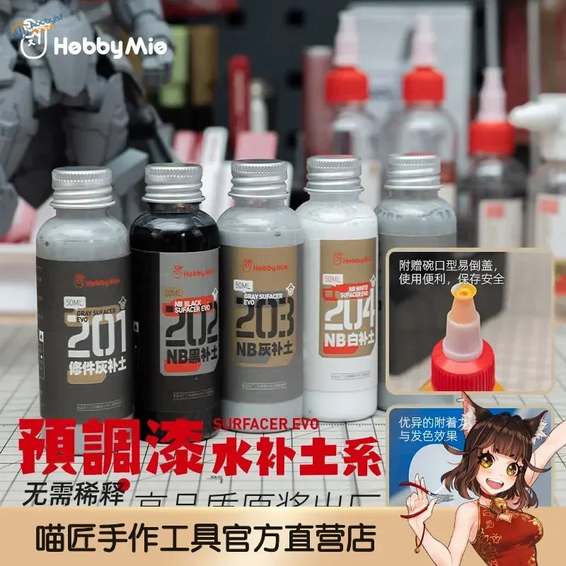 Set of four 50ml hobbymie surfacers evo primer bottles in gray black white and translucent with metallic caps for scale modeling tools