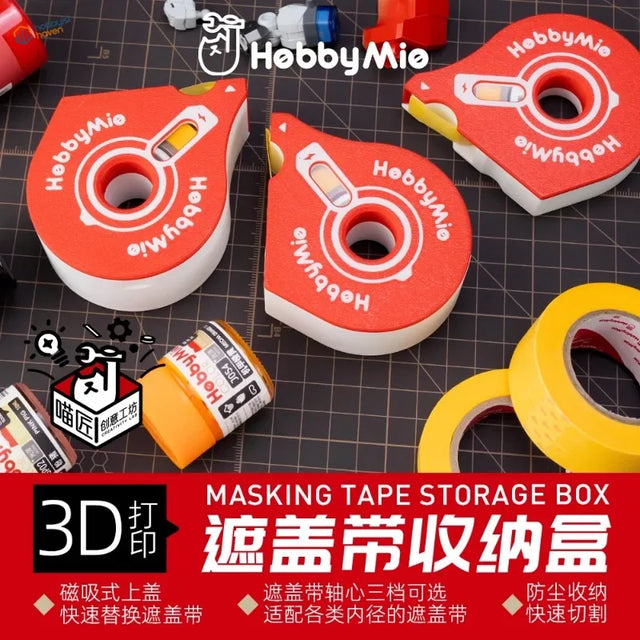 Red and white hobby mio individual masking tape cutter featuring a circular design to prevent tangled roll slows