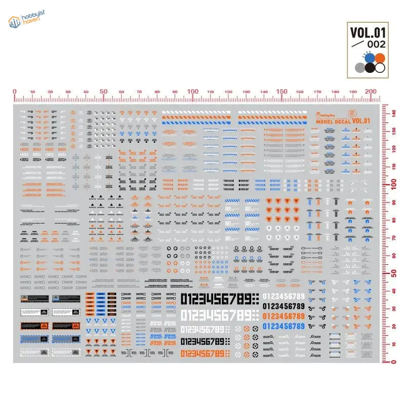 Gray sheet of hobby mio m10 water slide decals vol1 featuring intricate orange blue black and white details for model building tools