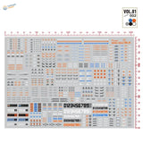Gray sheet of hobby mio m10 water slide decals vol1 featuring intricate orange blue black and white details for model building tools