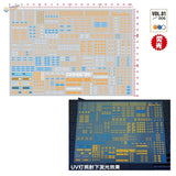 Blue and yellow hobby mio m10 water slide decals sheet with detailed printed markings under uv light for scale modeling tools