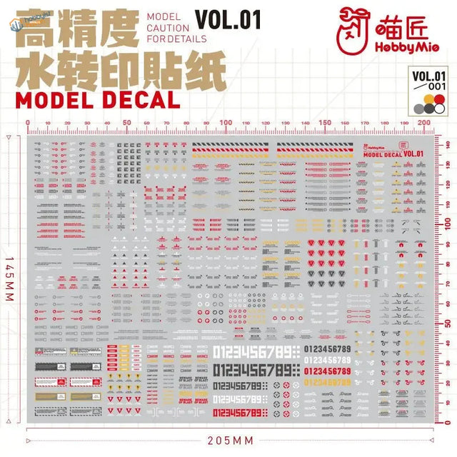 Hobby mio m10 water slide decals vol1 gray model decal sheet with intricate red white and black detailing for scale modeling tools