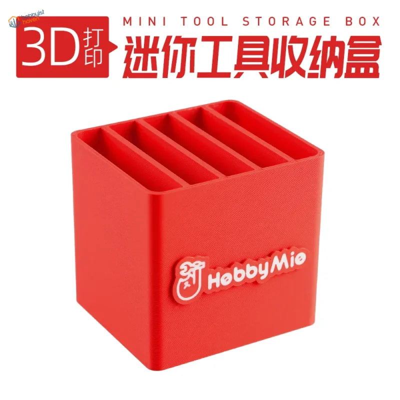 Red plastic hobby mio mini tool storage box with five vertical slots for scale modeling tools and model building tools