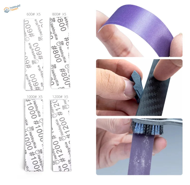Sanding purple leather strap with brush in Hobby Mio scale modeling toolset