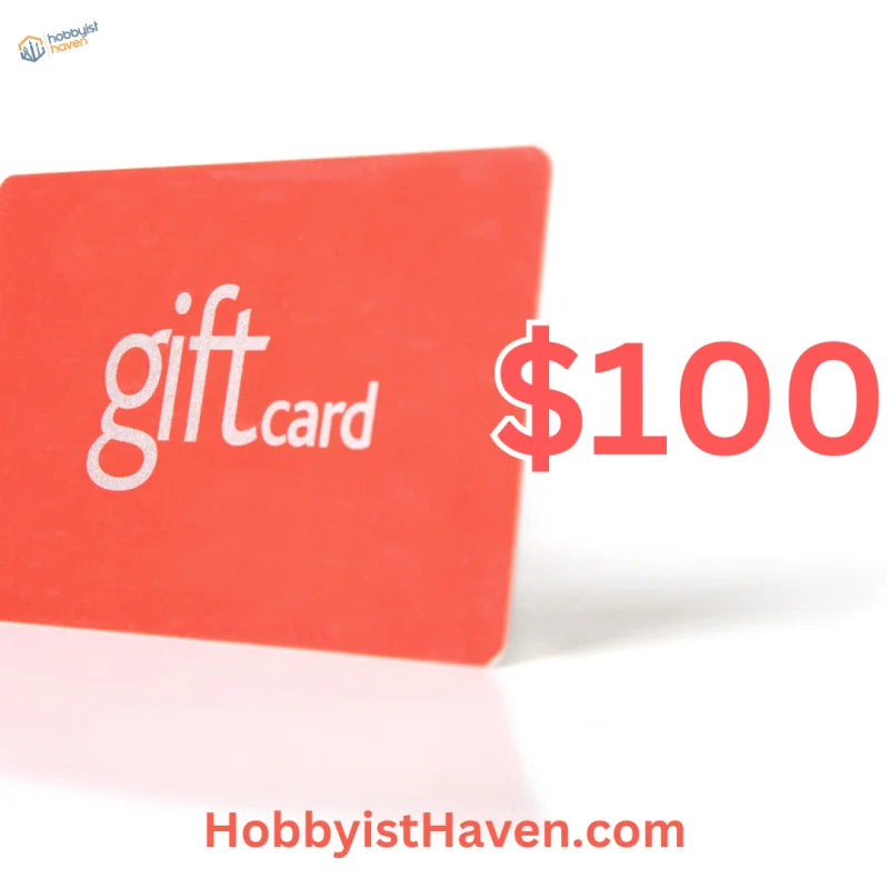 Hobbyist Haven gift card: red $100 design with white giftcard text
