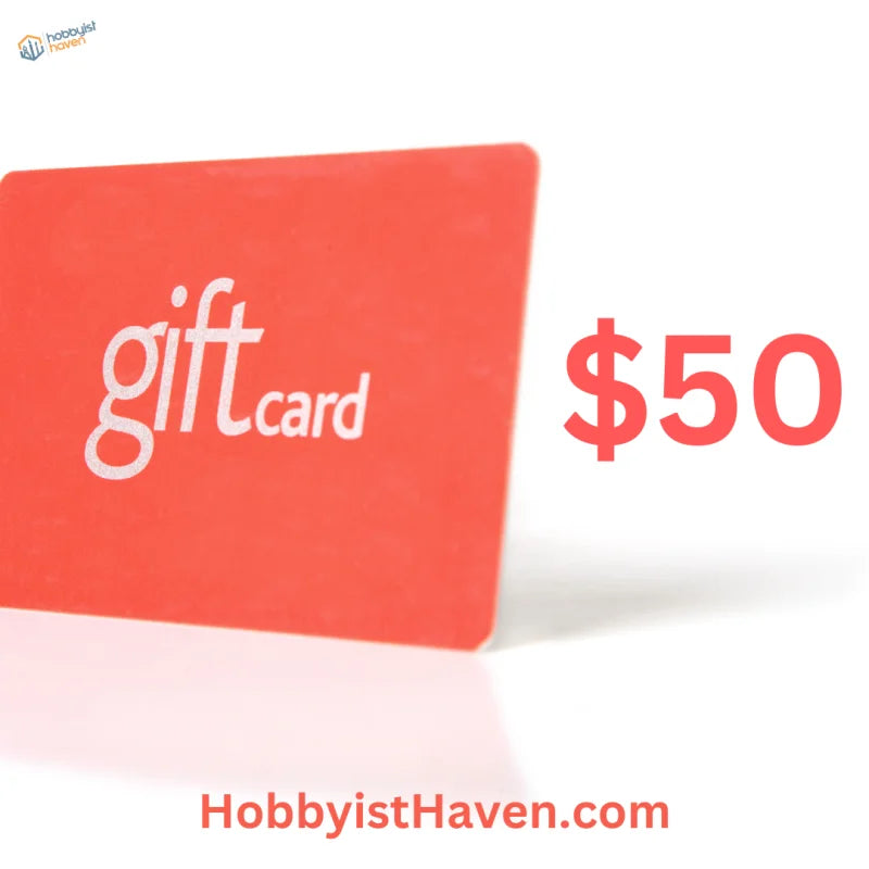 Hobbyist Haven gift card: red $50 design with white giftcard text